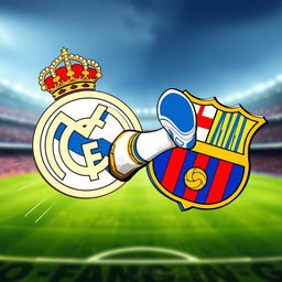 An imaginative and energetic artwork showcasing the Real Madrid FC club logo dynamically kicking the FC Barcelona club logo