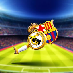 An imaginative and energetic artwork showcasing the Real Madrid FC club logo dynamically kicking the FC Barcelona club logo