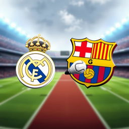 An imaginative and energetic artwork showcasing the Real Madrid FC club logo dynamically kicking the FC Barcelona club logo