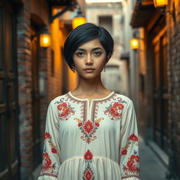 A realistic image of an Iranian girl with short black hair, wearing a cream-colored dress adorned with embroidery inspired by traditional Iranian art