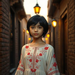 A realistic image of an Iranian girl with short black hair, wearing a cream-colored dress adorned with embroidery inspired by traditional Iranian art