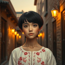 A realistic image of an Iranian girl with short black hair, wearing a cream-colored dress adorned with embroidery inspired by traditional Iranian art