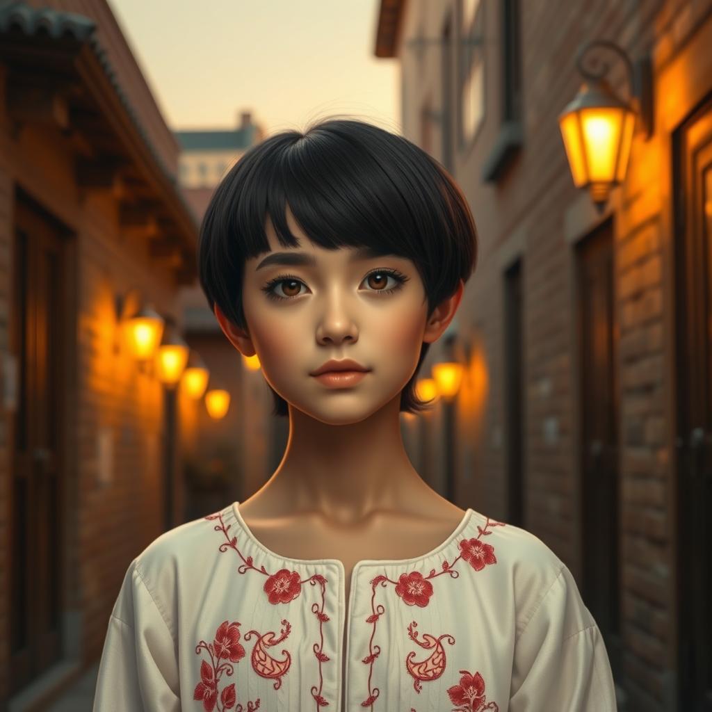 A realistic image of an Iranian girl with short black hair, wearing a cream-colored dress adorned with embroidery inspired by traditional Iranian art