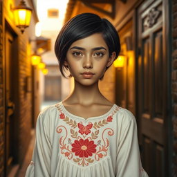 A realistic image of an Iranian girl with short black hair, wearing a cream-colored dress adorned with embroidery inspired by traditional Iranian art