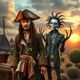 A whimsical crossover scene featuring Jack Sparrow, the iconic pirate with his rugged attire, tricorn hat, loose white shirt, and detailed leather coat, standing next to Edward Scissorhands, the fantastical character with a quirky patchwork outfit, pale skin, and razor-sharp scissor hands