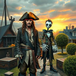 A whimsical crossover scene featuring Jack Sparrow, the iconic pirate with his rugged attire, tricorn hat, loose white shirt, and detailed leather coat, standing next to Edward Scissorhands, the fantastical character with a quirky patchwork outfit, pale skin, and razor-sharp scissor hands