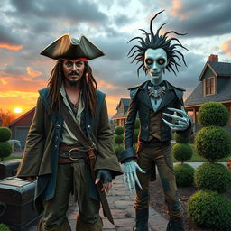 A whimsical crossover scene featuring Jack Sparrow, the iconic pirate with his rugged attire, tricorn hat, loose white shirt, and detailed leather coat, standing next to Edward Scissorhands, the fantastical character with a quirky patchwork outfit, pale skin, and razor-sharp scissor hands