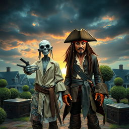 A whimsical crossover scene featuring Jack Sparrow, the iconic pirate with his rugged attire, tricorn hat, loose white shirt, and detailed leather coat, standing next to Edward Scissorhands, the fantastical character with a quirky patchwork outfit, pale skin, and razor-sharp scissor hands