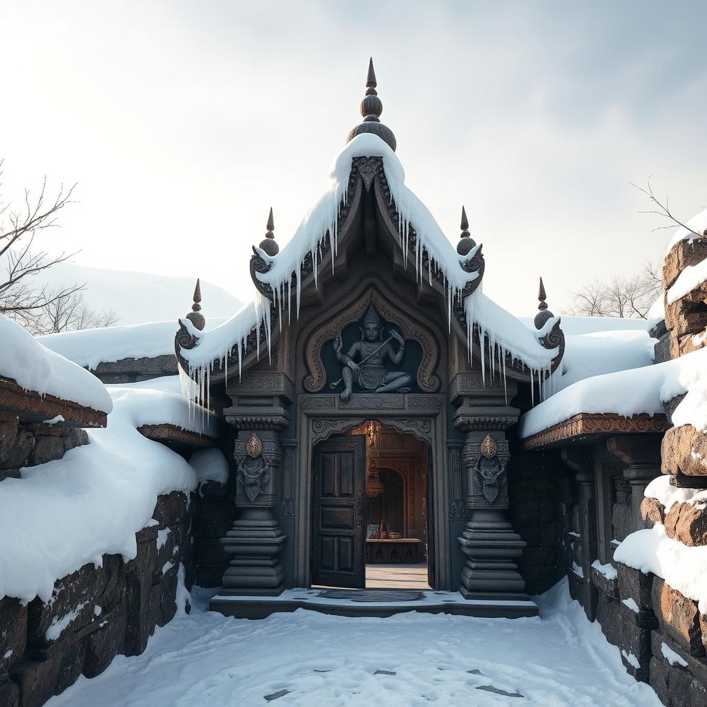 A breathtaking entrance to Parvati's abode, depicted as a secluded and ancient Hindu mythological dwelling nestled in a snowy landscape
