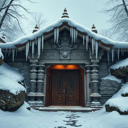 A breathtaking entrance to Parvati's abode, depicted as a secluded and ancient Hindu mythological dwelling nestled in a snowy landscape