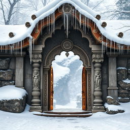 A breathtaking entrance to Parvati's abode, depicted as a secluded and ancient Hindu mythological dwelling nestled in a snowy landscape