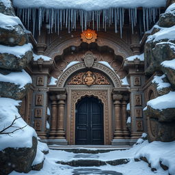 A breathtaking entrance to Parvati's abode, depicted as a secluded and ancient Hindu mythological dwelling nestled in a snowy landscape
