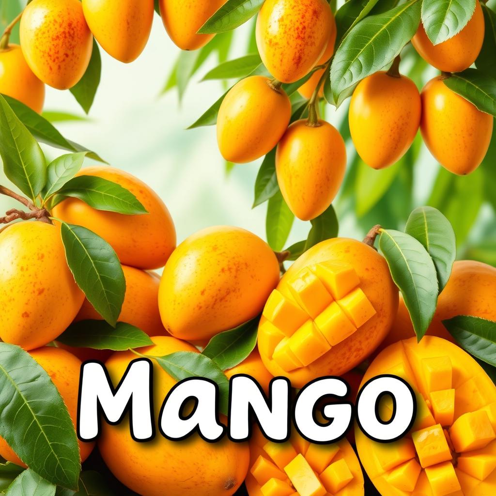 A vibrant and colorful banner filled with ripe mango fruits, showcasing their golden-yellow skin and green leaves