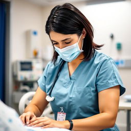 A skilled female nurse in scrubs, engaged in patient care at a hospital