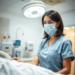 A skilled female nurse in scrubs, engaged in patient care at a hospital
