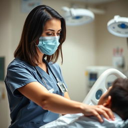 A skilled female nurse in scrubs, engaged in patient care at a hospital