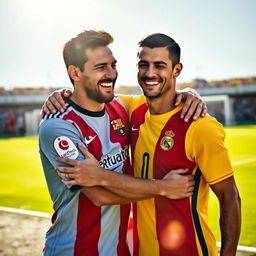 A warm and friendly scene depicting Lionel Messi and Cristiano Ronaldo embracing each other, showcasing a sense of camaraderie and mutual respect