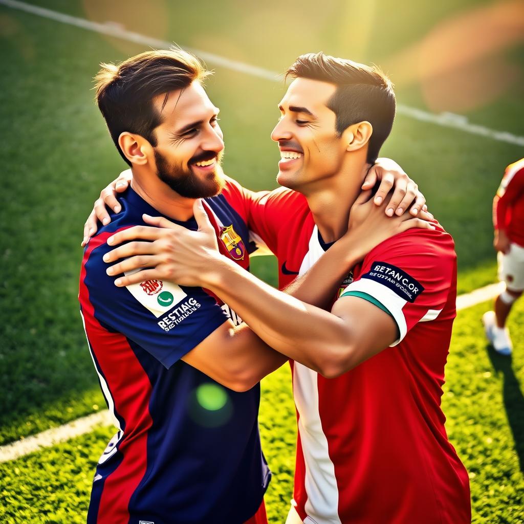 A warm and friendly scene depicting Lionel Messi and Cristiano Ronaldo embracing each other, showcasing a sense of camaraderie and mutual respect