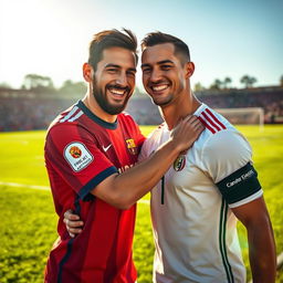 A warm and friendly scene depicting Lionel Messi and Cristiano Ronaldo embracing each other, showcasing a sense of camaraderie and mutual respect