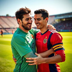 A warm and friendly scene depicting Lionel Messi and Cristiano Ronaldo embracing each other, showcasing a sense of camaraderie and mutual respect