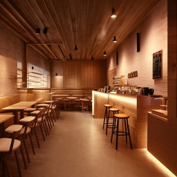 Interior design of a 10m x 10m coffee shop featuring a customer seating hall, warm lighting, stylish furniture, and an inviting counter.