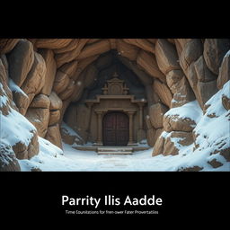 An enchanting entrance to Parvati's abode, portrayed as a secluded and ancient Hindu mythological cave-like dwelling surrounded by a serene snowy landscape