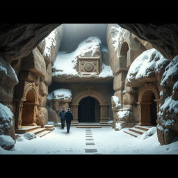 An enchanting entrance to Parvati's abode, portrayed as a secluded and ancient Hindu mythological cave-like dwelling surrounded by a serene snowy landscape
