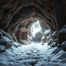 An enchanting entrance to Parvati's abode, portrayed as a secluded and ancient Hindu mythological cave-like dwelling surrounded by a serene snowy landscape
