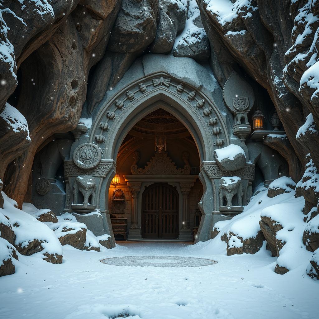 An enchanting entrance to Parvati's abode, portrayed as a secluded and ancient Hindu mythological cave-like dwelling surrounded by a serene snowy landscape
