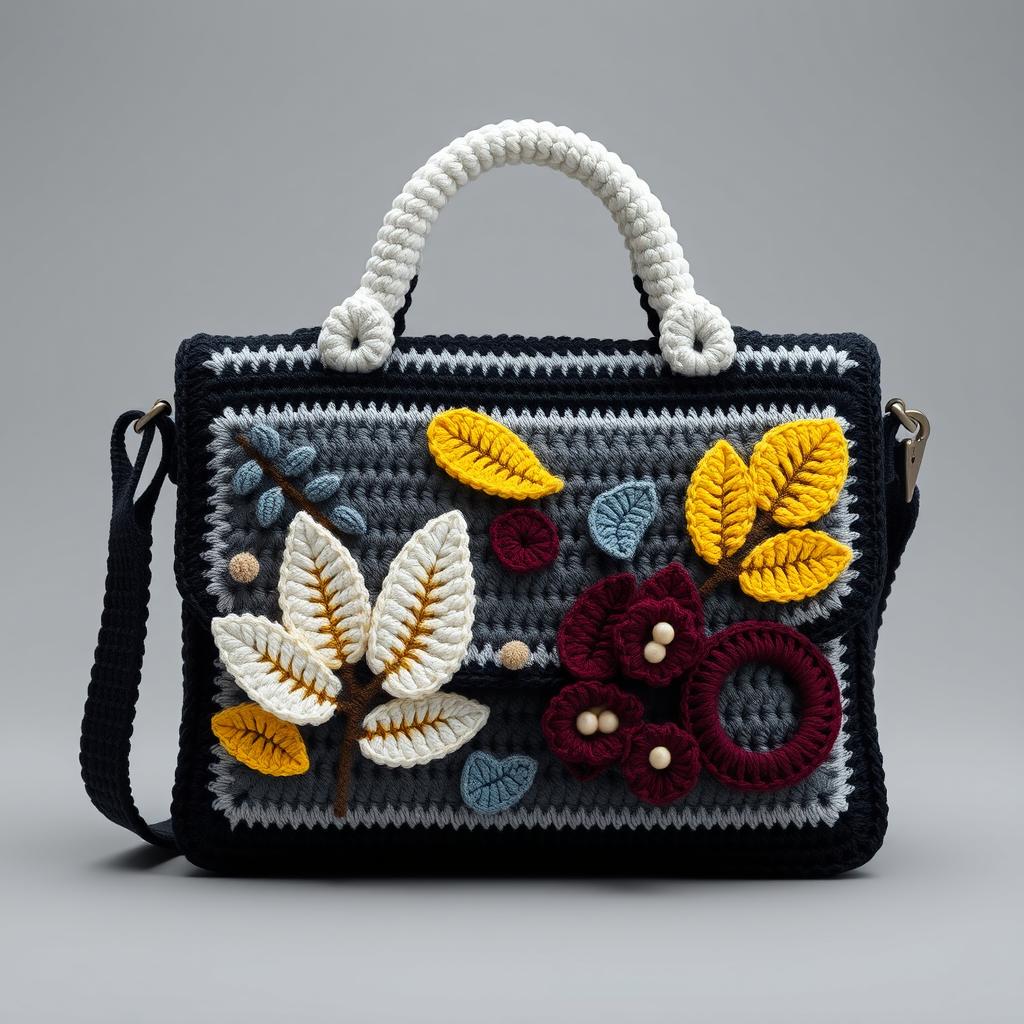 A messenger bag design showcasing exquisite crochet craftsmanship, resembling a briefcase