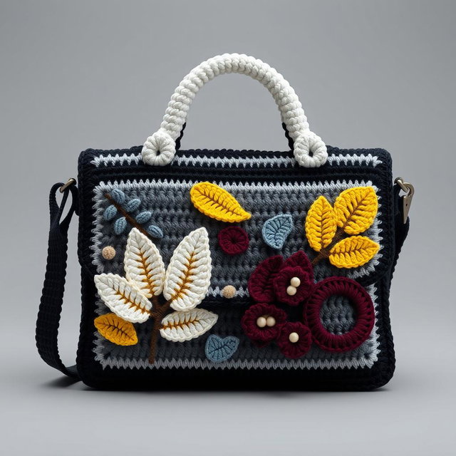 A messenger bag design showcasing exquisite crochet craftsmanship, resembling a briefcase