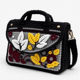 A messenger bag design showcasing exquisite crochet craftsmanship, resembling a briefcase