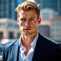 A handsome white man with a chiseled jawline, standing confidently against a blurred urban background