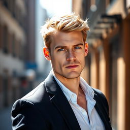 A handsome white man with a chiseled jawline, standing confidently against a blurred urban background