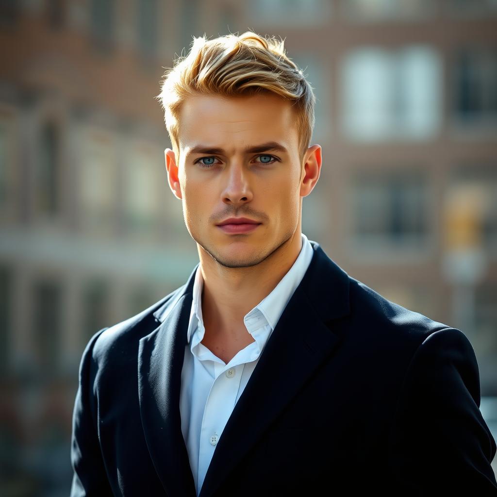 A handsome white man with a chiseled jawline, standing confidently against a blurred urban background