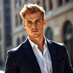 A handsome white man with a chiseled jawline, standing confidently against a blurred urban background