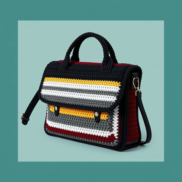 A messenger bag design crafted from crochet, styled as a sophisticated briefcase