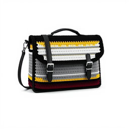 A messenger bag design crafted from crochet, styled as a sophisticated briefcase
