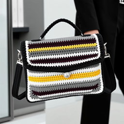 A messenger bag design crafted from crochet, styled as a sophisticated briefcase