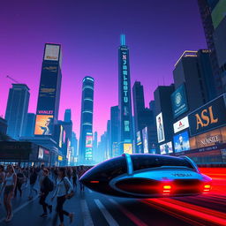 A futuristic cityscape at twilight, featuring sleek skyscrapers with glowing neon lights