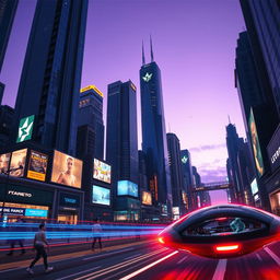 A futuristic cityscape at twilight, featuring sleek skyscrapers with glowing neon lights