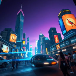 A futuristic cityscape at twilight, featuring sleek skyscrapers with glowing neon lights
