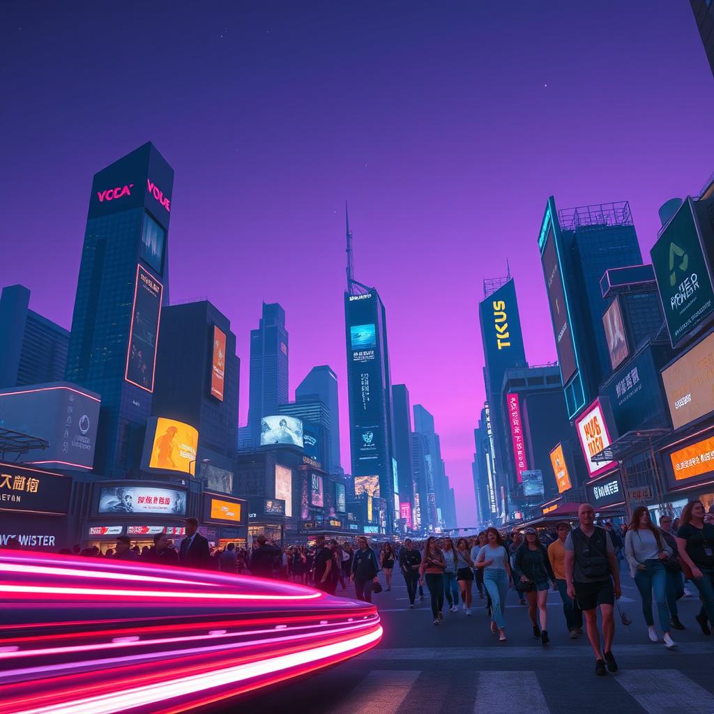 A futuristic cityscape at twilight, featuring sleek skyscrapers with glowing neon lights