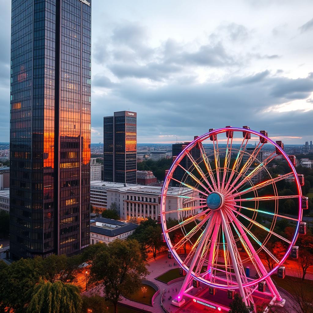 An impressive and artistic view of a skyscraper alongside a large, modern Ferris wheel in Romania