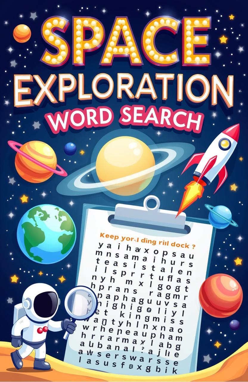 A vibrant and engaging book cover design for 'Space Exploration Word Search'