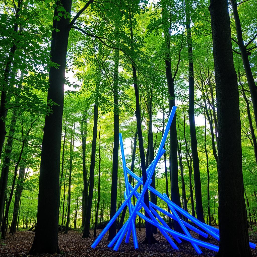 A serene natural landscape featuring tall green trees set in a lush forest