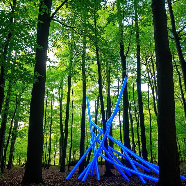 A serene natural landscape featuring tall green trees set in a lush forest