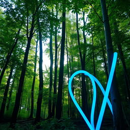 A serene natural landscape featuring tall green trees set in a lush forest