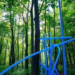 A serene natural landscape featuring tall green trees set in a lush forest