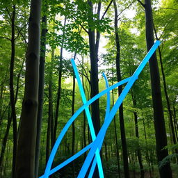 A serene natural landscape featuring tall green trees set in a lush forest